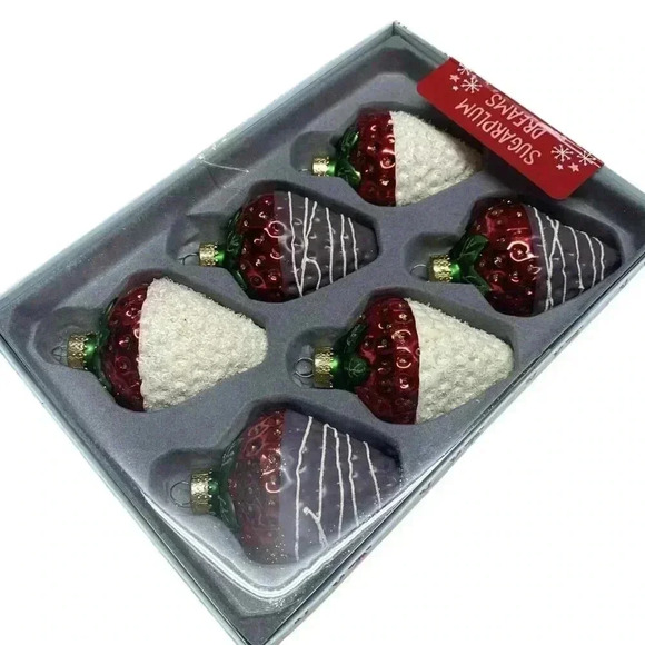 Sugarplum Dreams Chocolate Dipped Strawberries Glass Christmas Ornaments 6pc Set - Picture 3 of 6